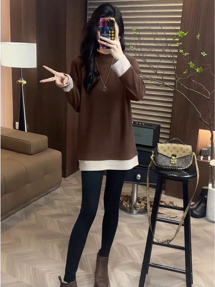 Spring/Autumn Women's Brushed Faux Two-Piece Long Sleeve T-Shirt - Thick Mid-Length Loose Top