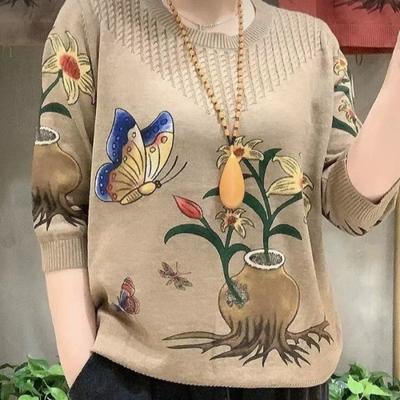 Spring Autumn Elegant Round Neck Long Sweater Casual Versatile Western Printed Comfortable Clothing Women's Pullers