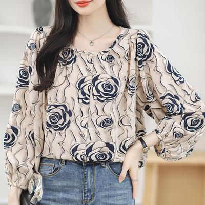 Temperament Round Neck Elegant Casual Shirts Women Tops Spring Long Sleeve Print Floral Loose Blouse Women Vintage Button Up Office Ladies Shirt 26328
