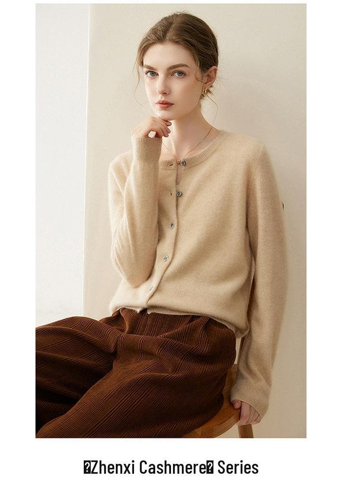Women's Cashmere Round Neck Cardigan - Soft, Warm, Loose Fit Sweater for Autumn & Winter
