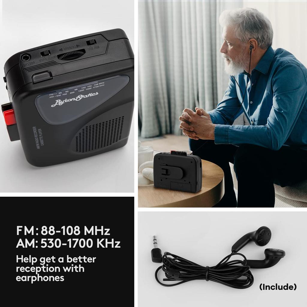 ByronStatics Portable Cassette Tape External Manual VAS 2 AA USB Powered Headphones Player, Recorder, FM/AM Radio, Walkman, Player, Built-in