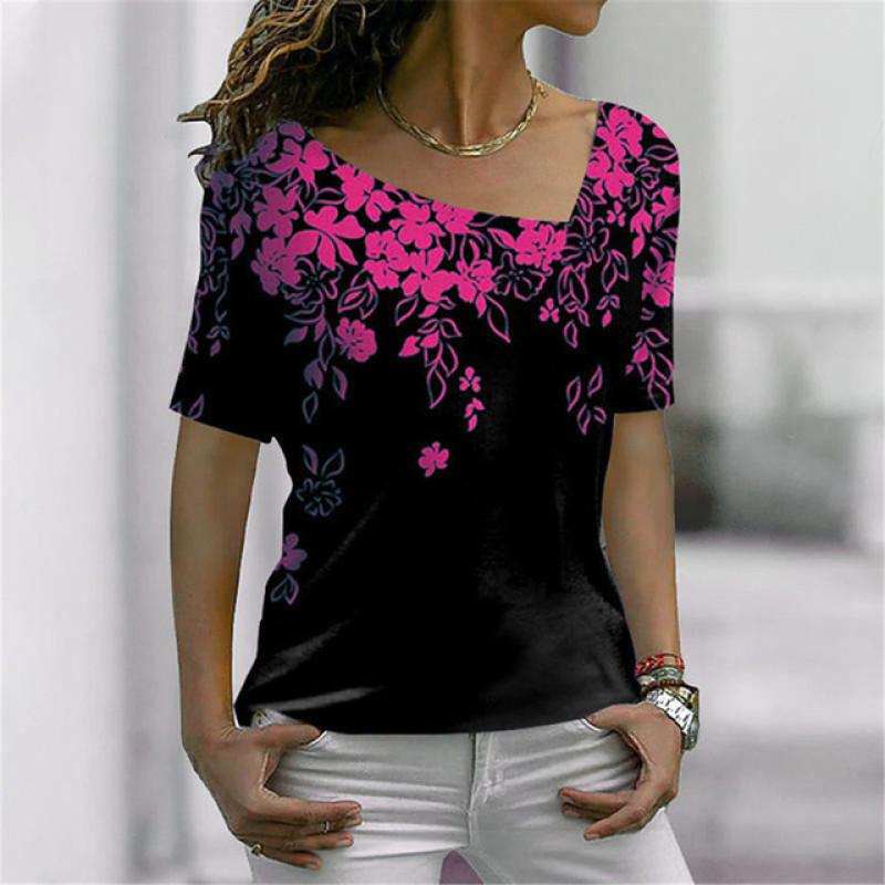 Šikmý límec Květinový Digitální 3D Tisk Harajuku Dámské Tričko Krátký Rukáv Letní Neformální Personalizované Dámské Vrchní Oblečení