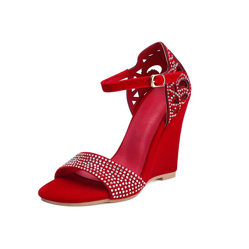 

ANNYMOLI Жіночі сандалі Круглий носок Клини Високі підбори Пряжка Кристал Сексуальні Жіночі Модні Туфлі Літо Чорний Червоний 46 39 червоний
