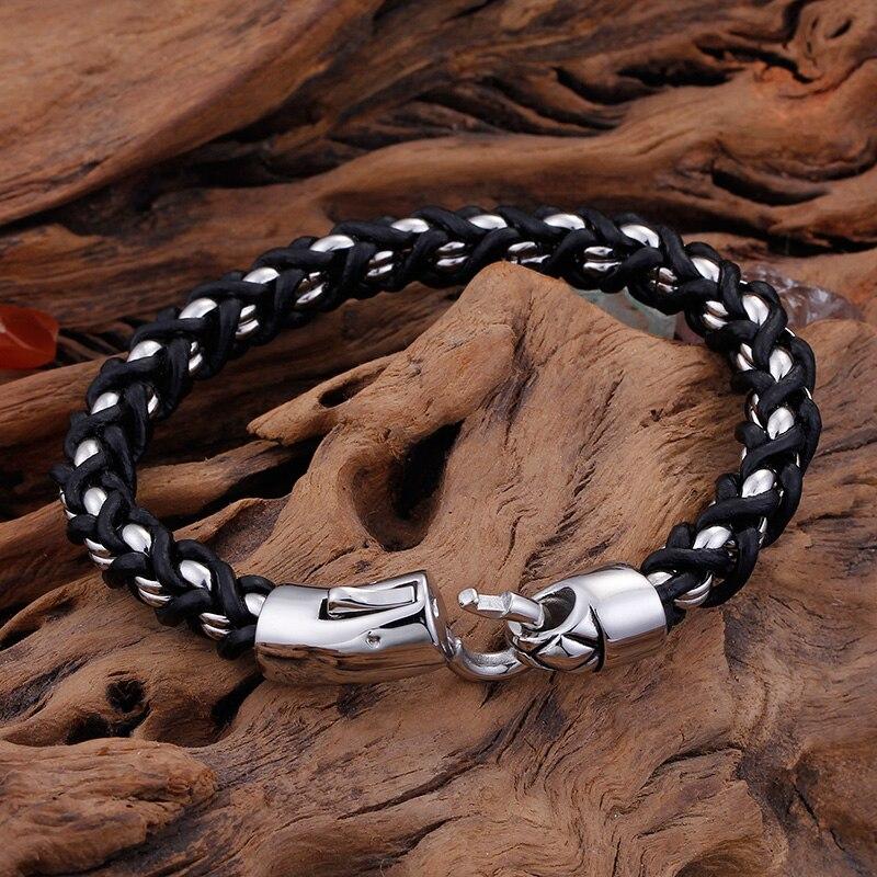 Retro Geometric Stainless Steel Black Leather Rope Braided European Ethnic Style Individuality Bracelet For Men