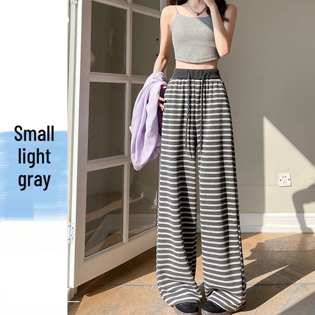 High-Waist Retro Striped Wide-Leg Pants with Drawstring - Women's Casual Floor-Length Knit for Autumn and Spring