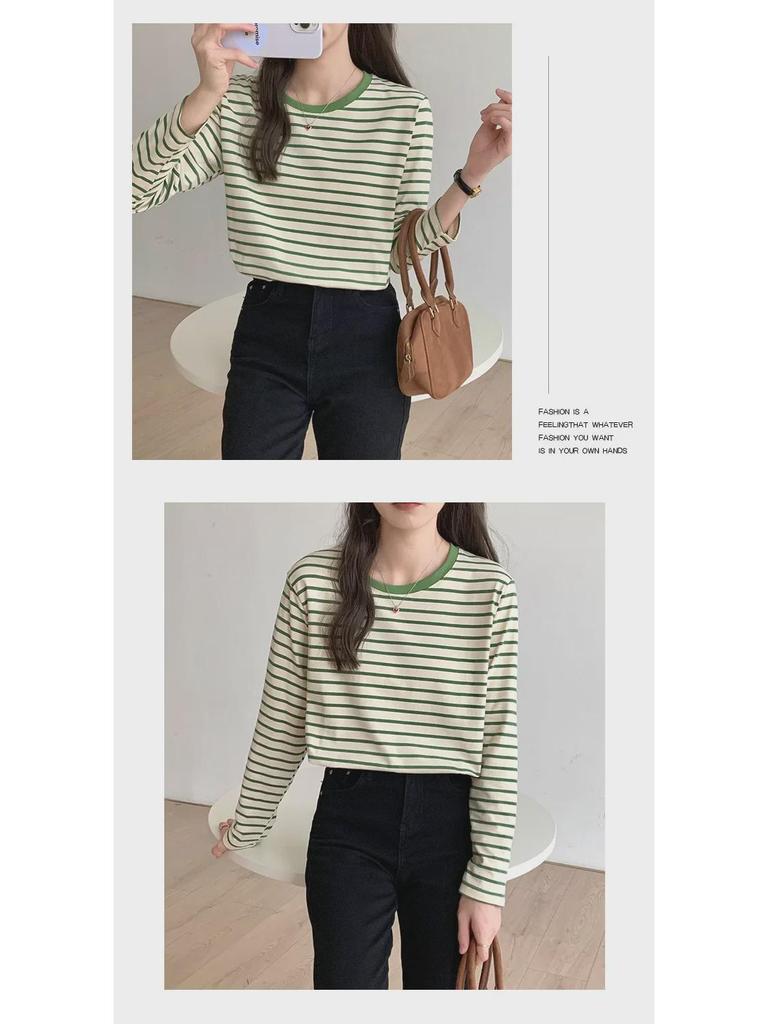 Women's Spring 2025 Green Striped Long-Sleeve Round Neck T-Shirt: Loose-Fit, Slim-Style, Commuting Top