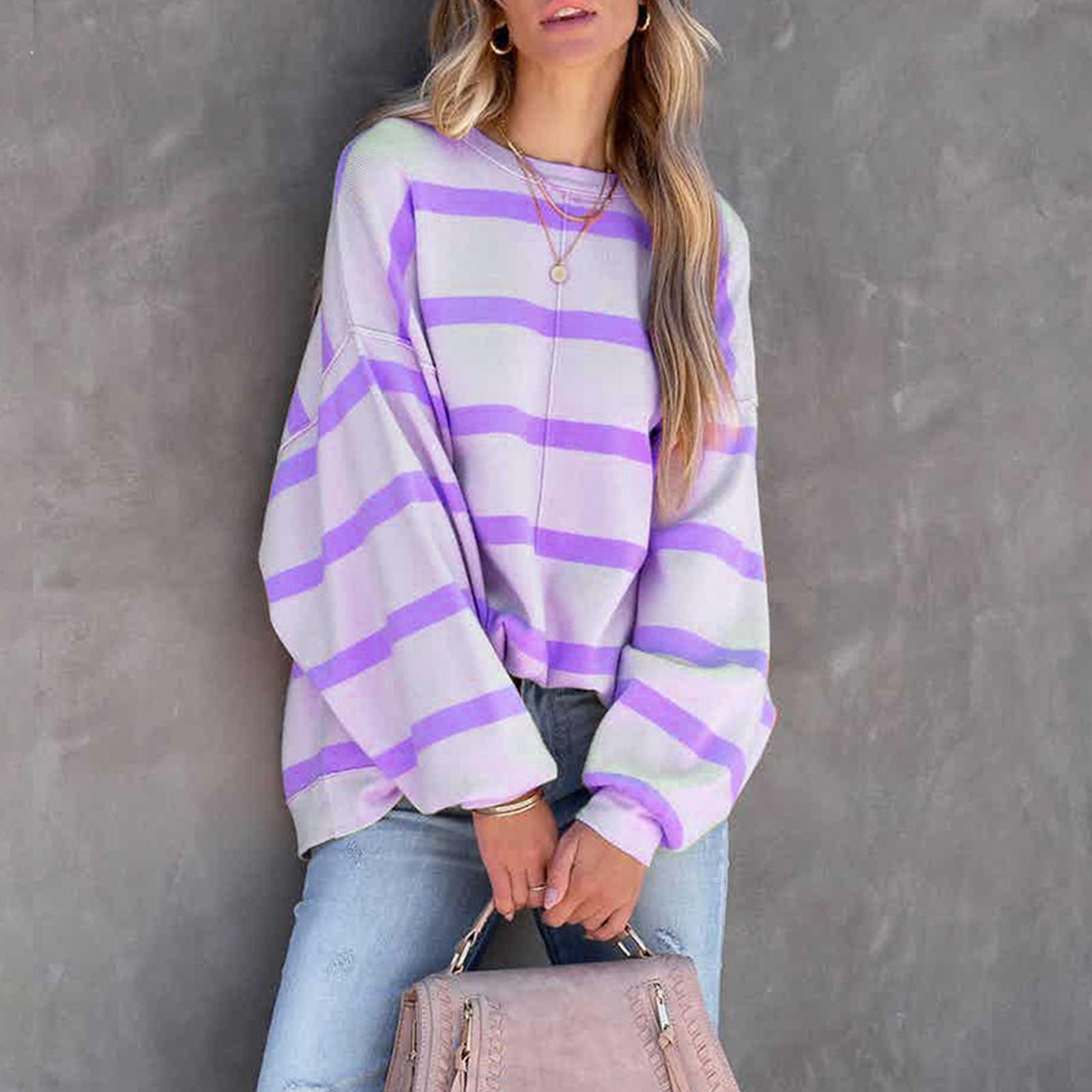 

Женская модная повседневная футболка с длинным рукавом и круглым вырезом, полосатая футболка XXL фиолетовый