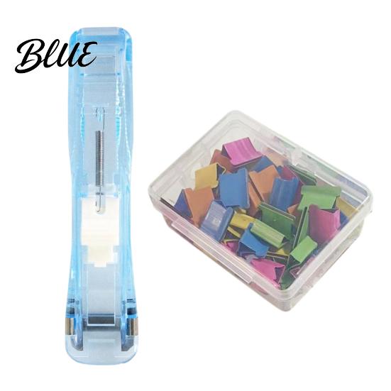 Reusable Binder Clips Paper Clip Stapler Portable Dispenser No Hole Punching Pusher with 50 Refillable Transparent Metal Office School Supplies Home