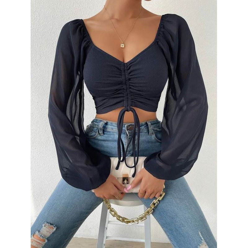 V-neck Drawstring Lantern Sleeve Top Low Cut V-neck Drawstring Bishop Sleeves Top