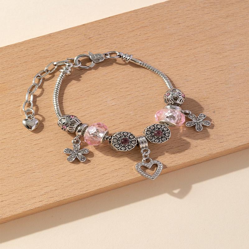 Pink Crystal Petal Heart Pendant And Glued Rhinestone Flower Charm Beaded Bracelet