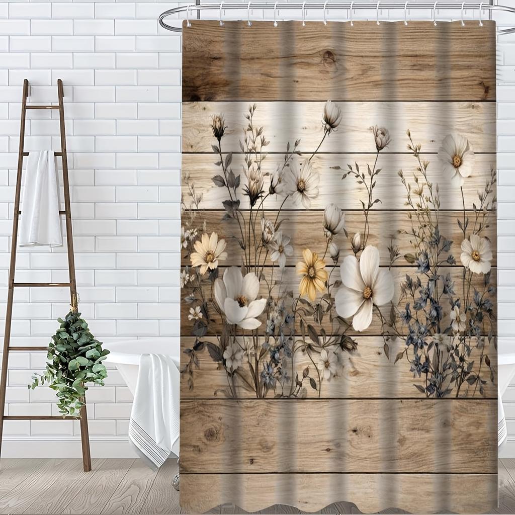 4Pcs Wooden Board Flowers Shower Curtain Set with Non-Slip Bath Mat, Toilet Lid Cover, Contour Rug & 12 Hooks, Bathroom Decor