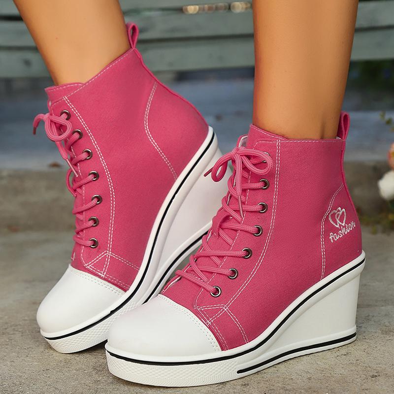 Breathable High Top Canvas Sneakers for Women Fashion Wedge Heel Platform Sports Shoes Woman Lightweight Lace Up Casual Sneakers