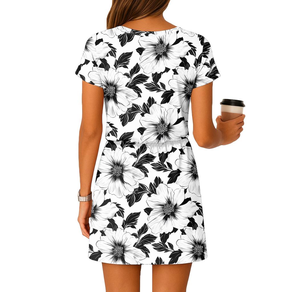 Women's Summer V-Neck Short Sleeved Drawstring With Pocket Floral Print Casual Dress