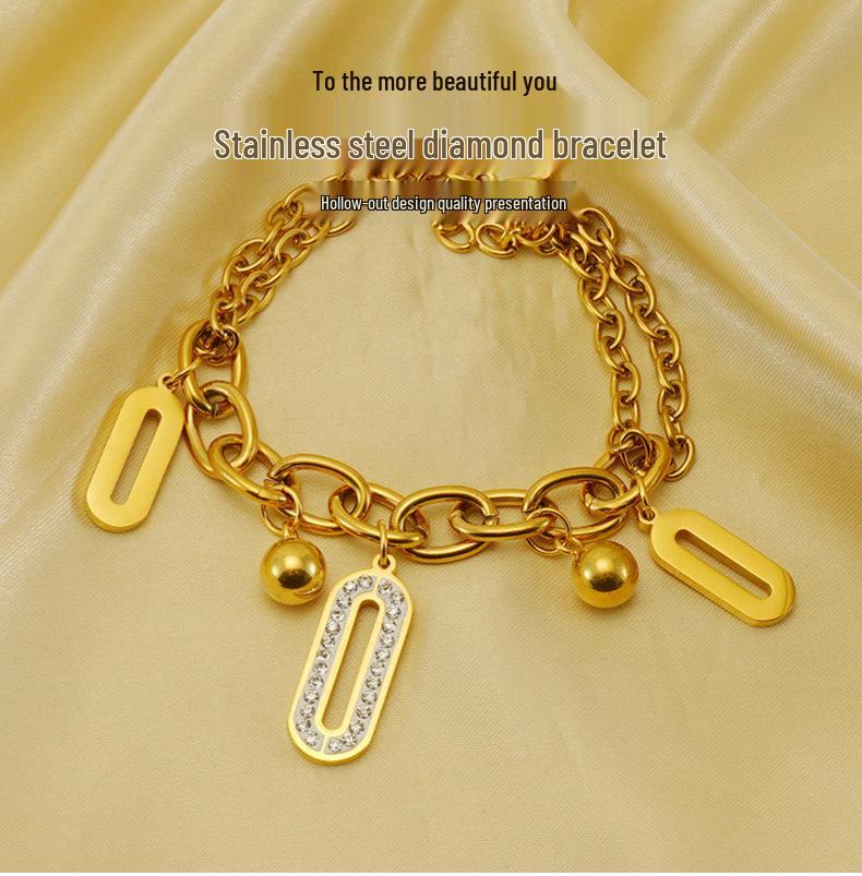 18K Gold-Plated Stainless Steel Double-Layer Oval Diamond Bracelet for Women - Niche Fashion Stackable Jewelry.