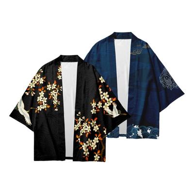 Herrenhemd im japanischen Stil, traditioneller Kimono, Viertelärmel, Druck, Strickjacke, Vogel, drei, locker, dünn, mittellang, täglicher Übermantel