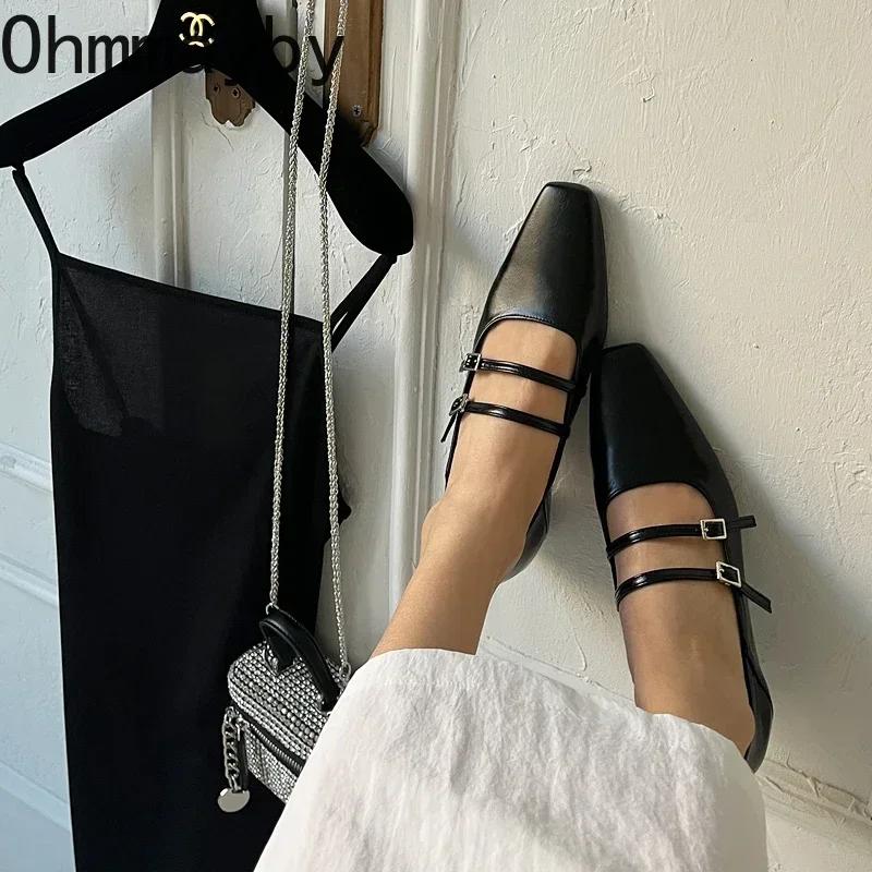 Spring Designer Women Ballet Flats Fashion Elegant Square Toe Belt Buckle Shoes Ladies Comfort Soft Sole Ballerinas Shoes