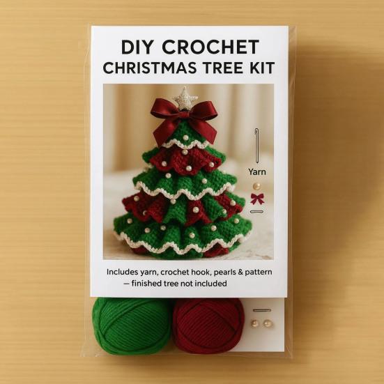 Handmade Crochet Christmas Tree DIY Xmas Tree Crochet Craft Starter Set with Bow And Faux Pearl for Beginners Knitting Holiday Decoration for