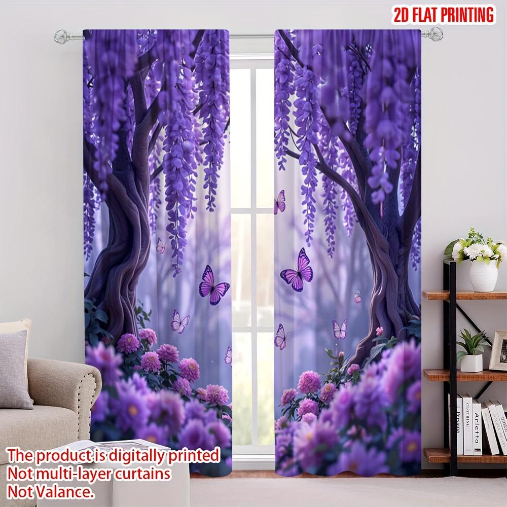 2 st Lila Wisteria & Fjäril Genomskinliga Gardiner – Elegant 2D Blomtryck för Vardagsrum Sovrum Kontor