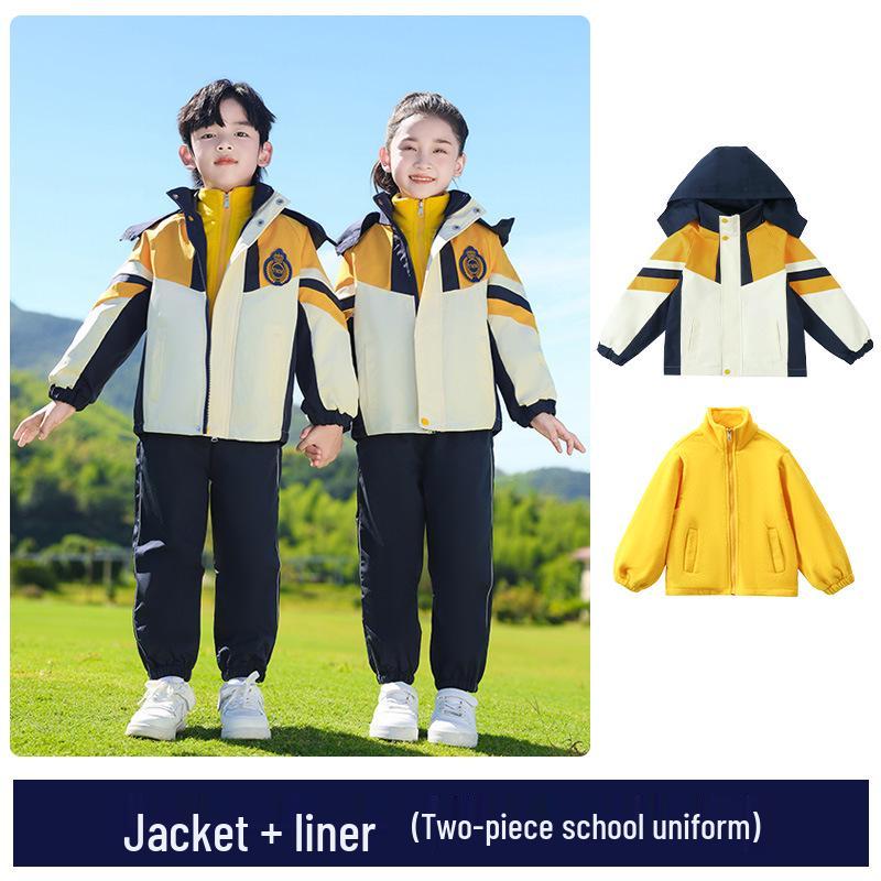 Children's Three-Piece School Uniform Set: Windbreaker for Spring & Autumn, Detachable, Winter-Ready, Thickened for Kindergarten.