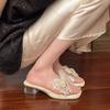 Fashion Elegant Women's Pearl Bowtie Sandals Summer 2025 Thick High Heels Jelly Slippers Woman Square Toe Lace Beaded Gladiator Shoes