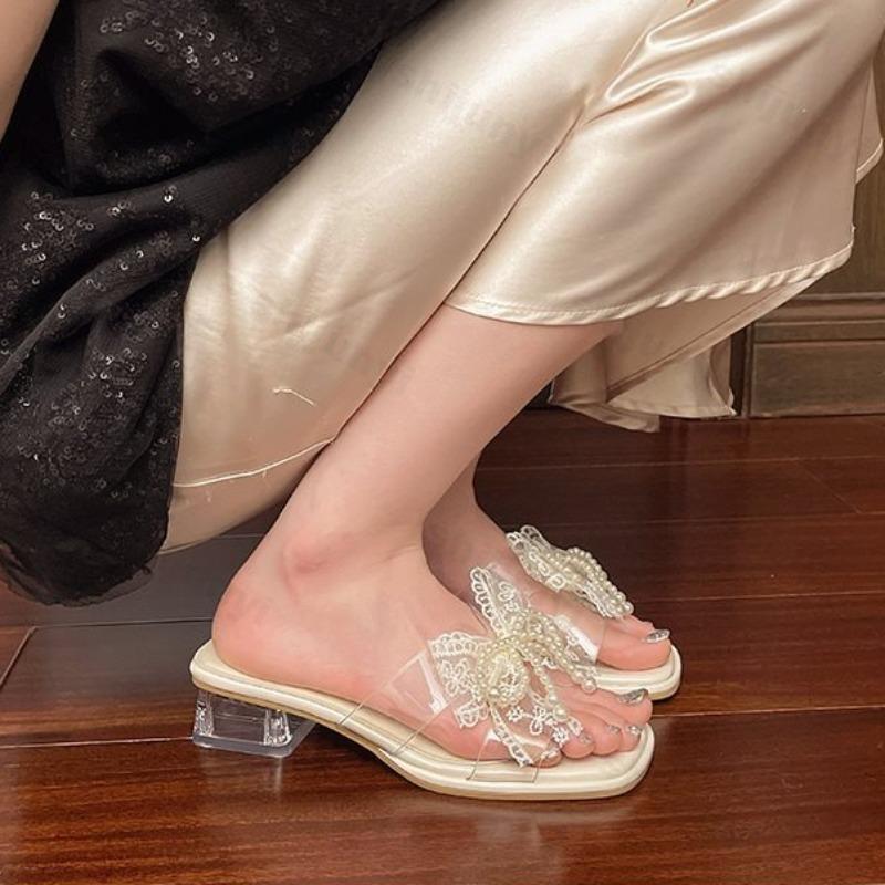 Fashion Elegant Women's Pearl Bowtie Sandals Summer 2025 Thick High Heels Jelly Slippers Woman Square Toe Lace Beaded Gladiator Shoes