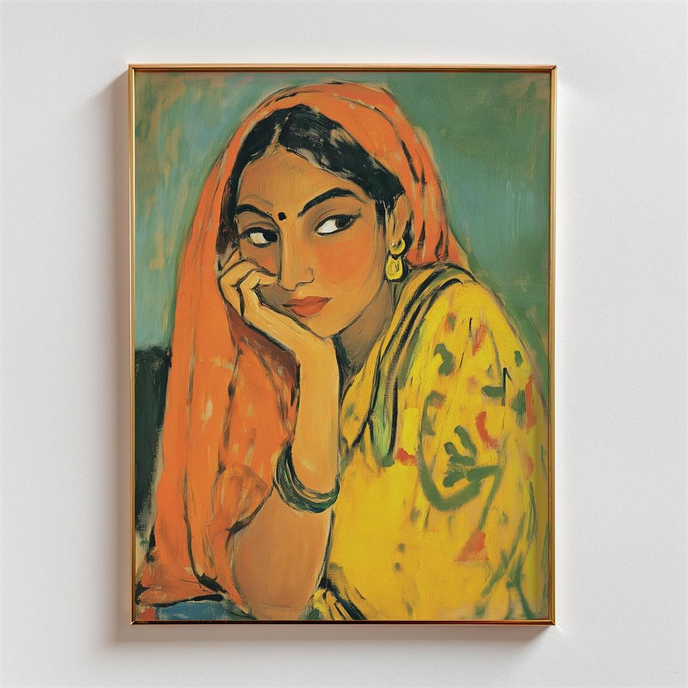 Indian Woman Portrait Prints Vintage Style Indian Woman Chai Break Art Print Poster Vibrant South Asian Home Decor Canvas Prints