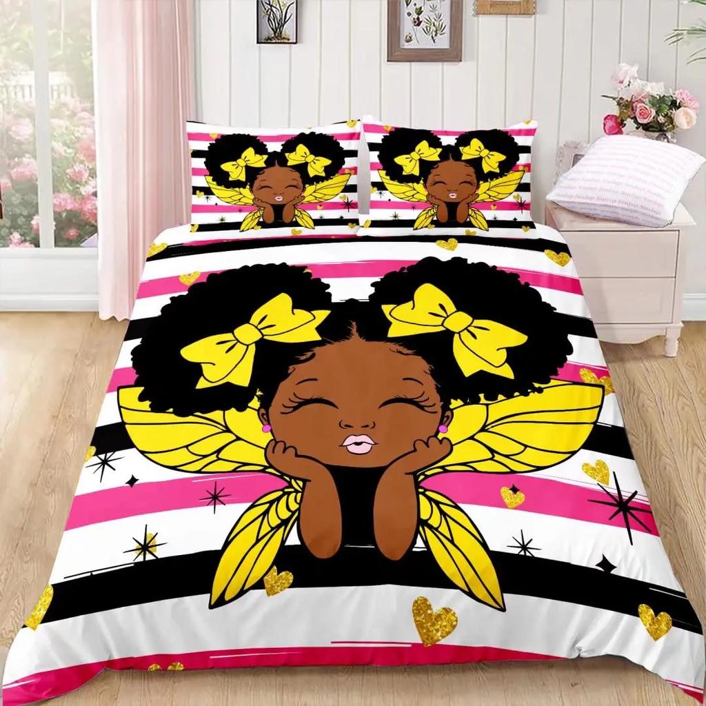 American Black Girl Duvet Cover SetBlack Girl Magic Bedding Set Full SizeCute Little Afro Black Princess Comforter Cover Sets