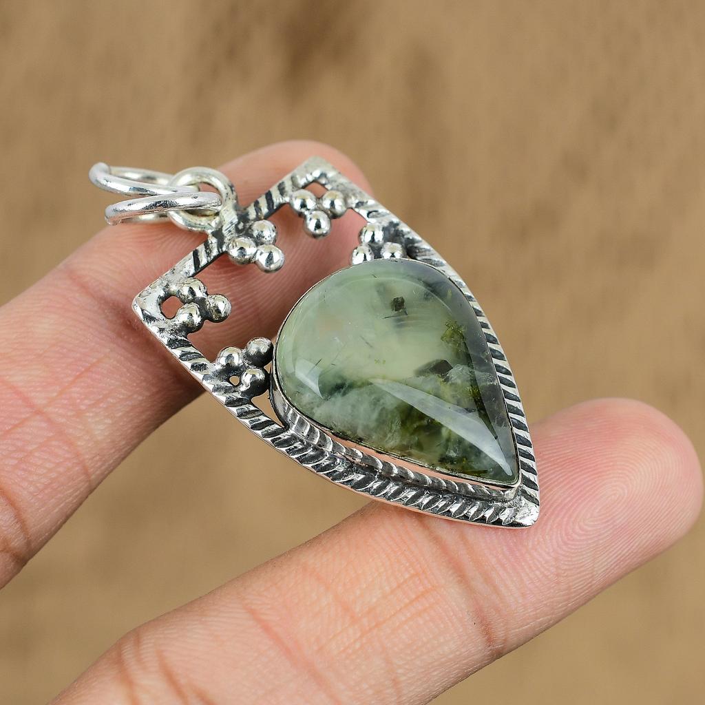 Natural Prehnite Gemstone Pendant 925 Sterling Silver Indian Jewelry For Women