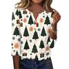Women's Casual Christmas Print V-Neck Button-Front Three-Quarter Sleeve T-Shirt Top
