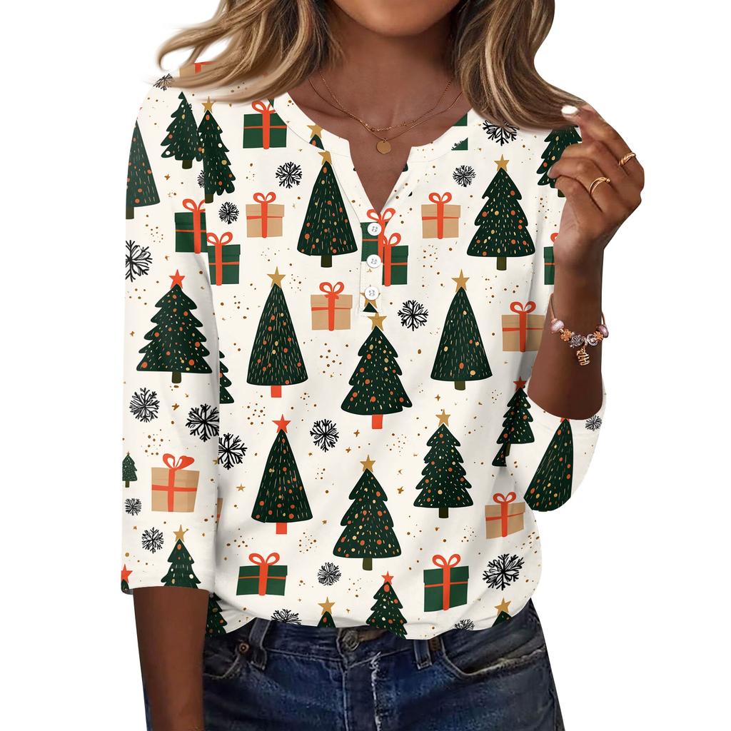 Women's Casual Christmas Print V-Neck Button-Front Three-Quarter Sleeve T-Shirt Top