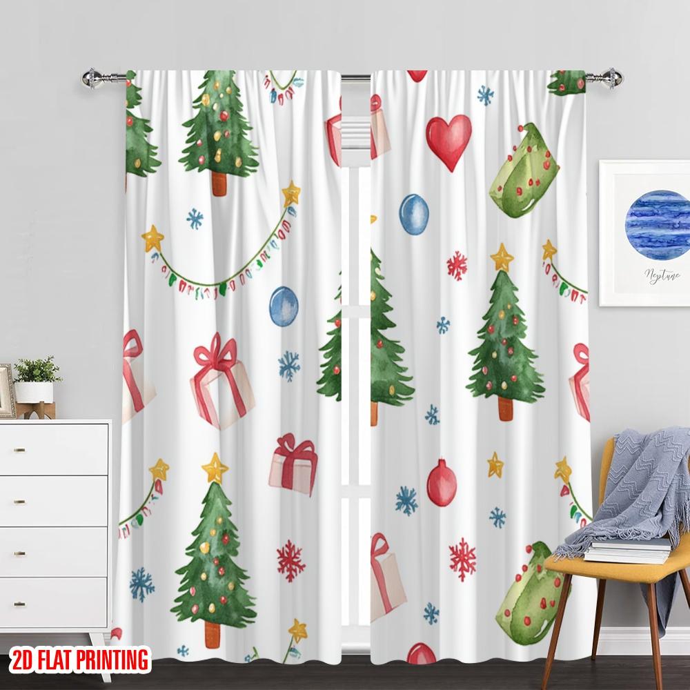 Set Of 2 Plane Printing Curtain Popular Christmas Tree Gift Snowflake Garland Polyester Fabric Without Rod Gifts Ldeal