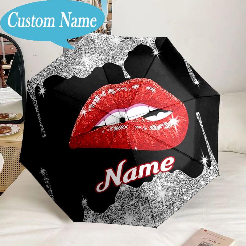 Custom Name Umbrella Red Lips Art Umbrella 8-Frame for Travel, Camping, Casual Lightweight Portable, Essential for Family Gifts