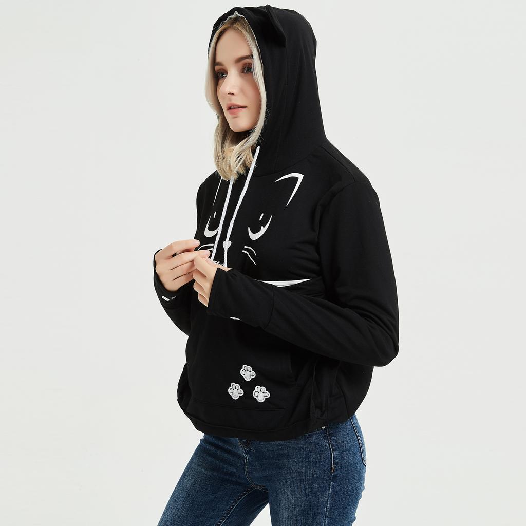 Women's Fashion Casual Top Solid Color Long Sleeve Pet Pocket Hoodie Sweatshirt