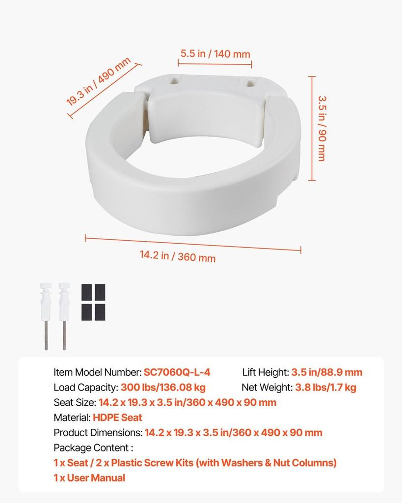 Raised Toilet Seat, 136.1 kg Load Capacity, 88.9 mm Lift Height, Commode Elevated Toilet Seat Riser with Enlarged Opening for Seniors, Elderly,