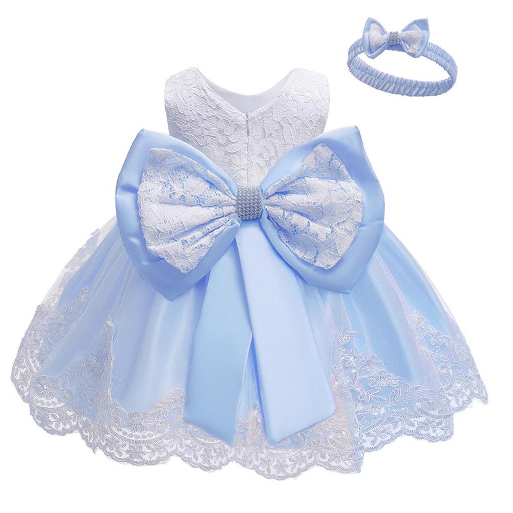 Children's Lace Color Block Birthday Bow Dress