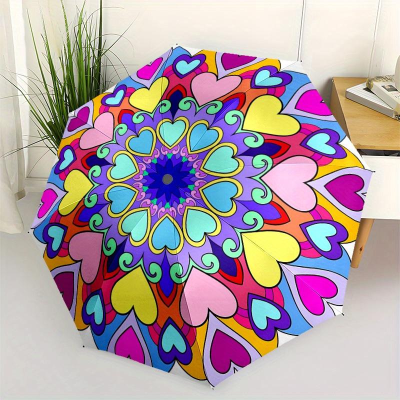1pc Heart Mandala Automatic Folding Umbrella, Portable & Foldable Design with 8 Ribs, Casual Outdoor Accessory yy250805054