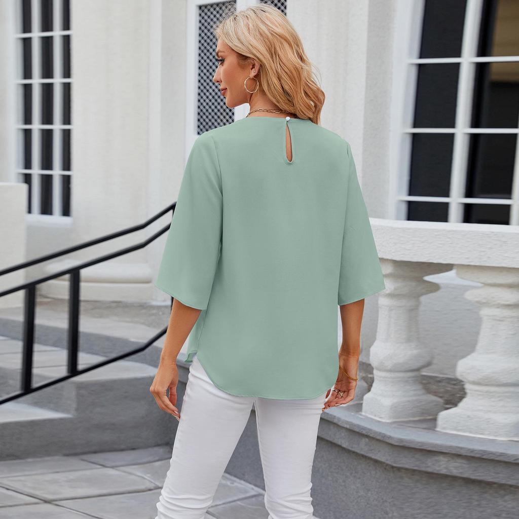 2024 Women's Loose Chiffon Short Sleeve Blouse - Solid Color, Round Neck, Five-Point Sleeves
