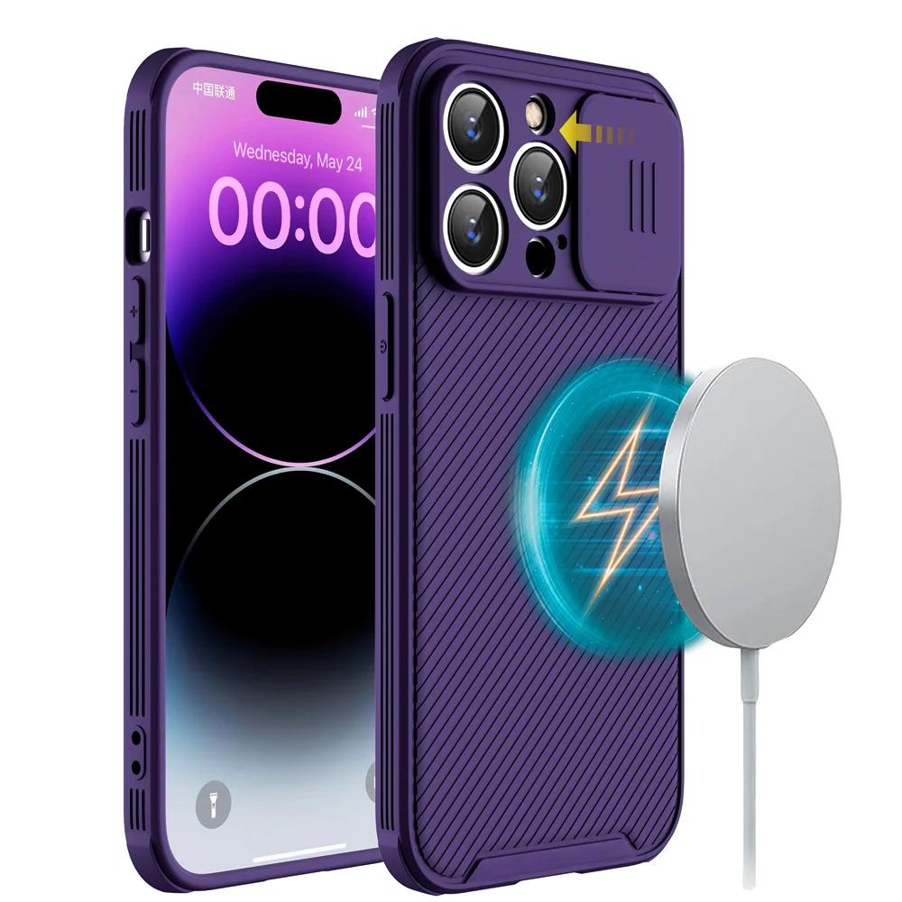 Slide Camera Lens Protection Magnetic Case for iPhone 15 13 12 14 Pro Max Plus For Magsafe Wireless Charging Soft Silicone Cover