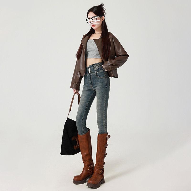 Cement gray skinny jeans women's winter velvet thickened and thin elastic narrow version pencil small feet pants