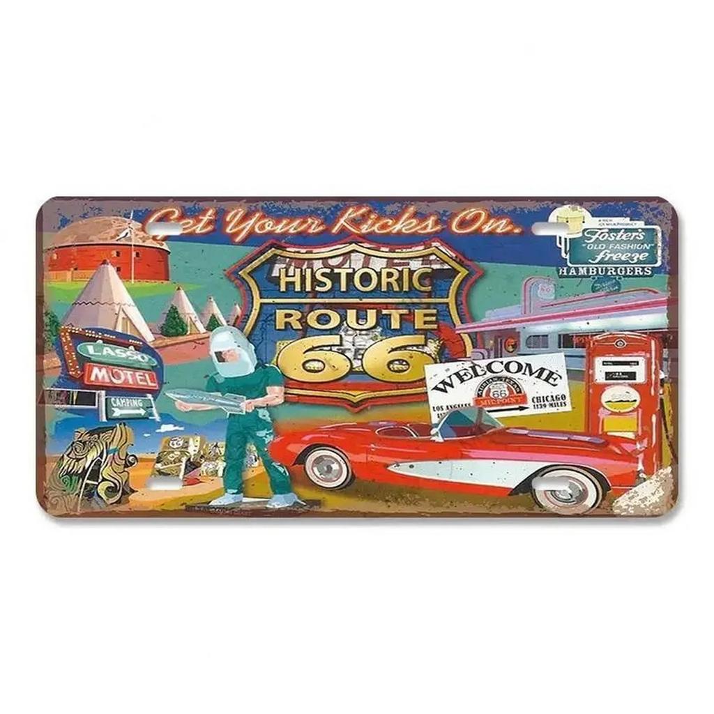 Route 66 License Plate for Wall Art Decoration Metal Tin Signs Vintage Tags Metal Automotive Signs For Cafe Bar Club Garage Pubs
