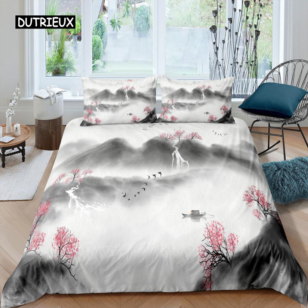 Natural Landscape King Queen Duvet Cover Comic Ink Painting Style Bedding Set Adults Tree Mountain River Polyester Quilt Cover