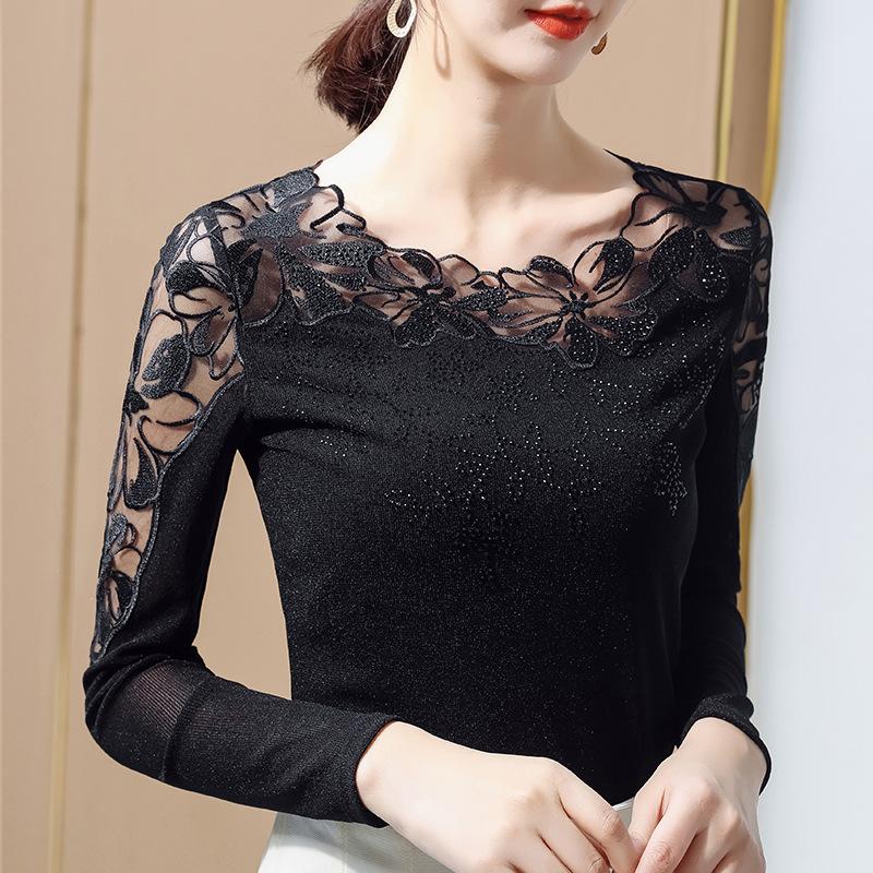 Women's Spring/Fall Long-Sleeve Lace-Lined Camisole with Mesh Collar, Korean-Style Slim-Fit T-Shirt
