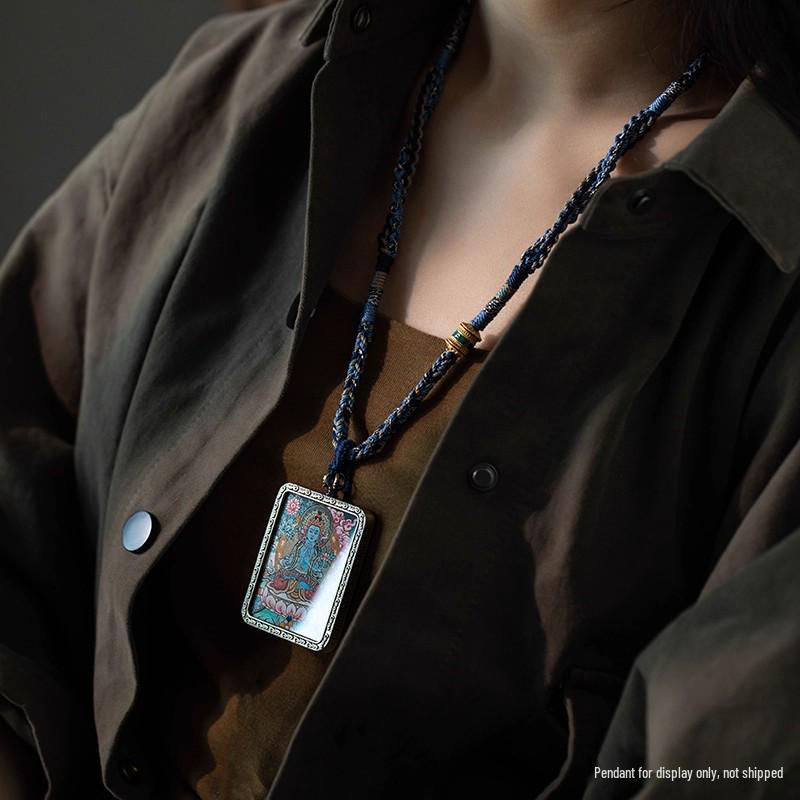 Tibetan Eight Treasures Compass Necklace with Braided Rope and Mantra Thangka Pendant