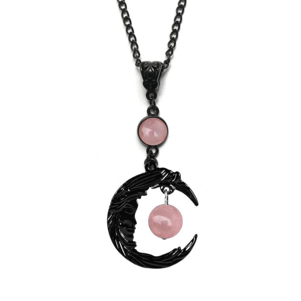 Gothic Retro Natural Rose Quartz Moon Goddess Pendant Necklace for Women Halloween Party Fashion Charm Jewelry Accessories Gifts