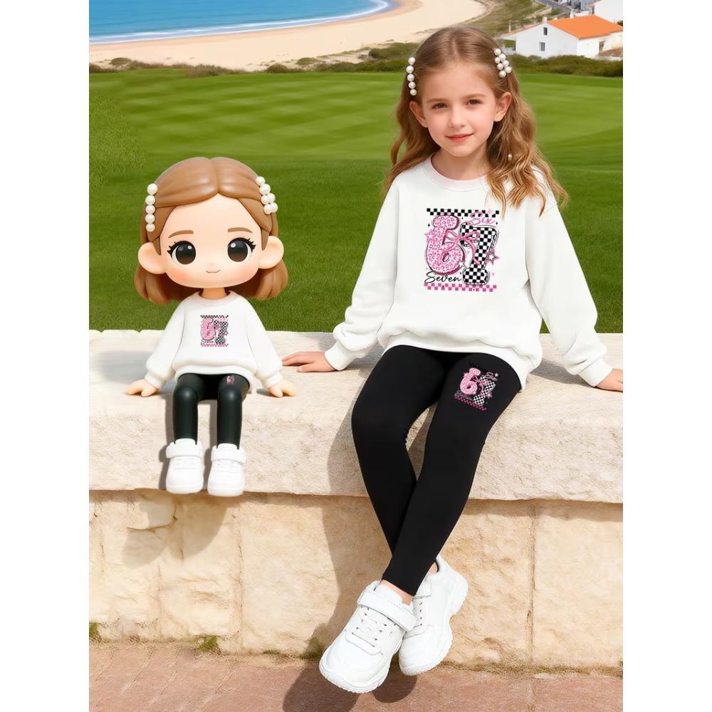 Girls' Number Print Casual Comfortable Soft Loose Pullover Sweatshirt and Leggings 2-Piece Set, New Autumn/Winter, Playful, Sweet and Cool Style