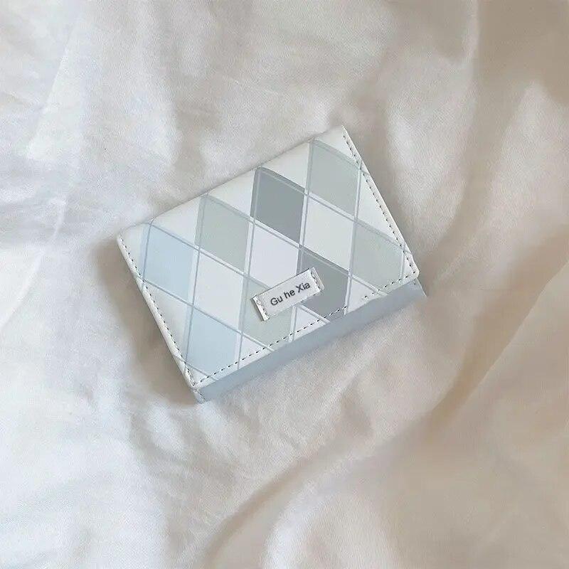 Женский кошелек в клетку синего цвета с морской солью, простой стиль, многофункциональный держатель для карт, кожаные студенческие кошельки для монет большой емкости с пряжкой небесно-голубой