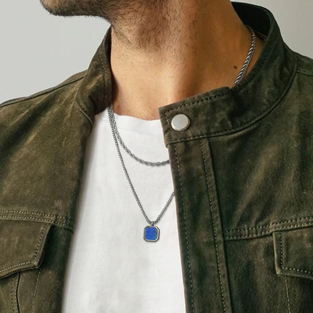 Vnox Stylish Mens Geometric Necklace with Black Enamel, Stainless Steel Metal Double Layered Chain Collar, Unique Gifts for Men