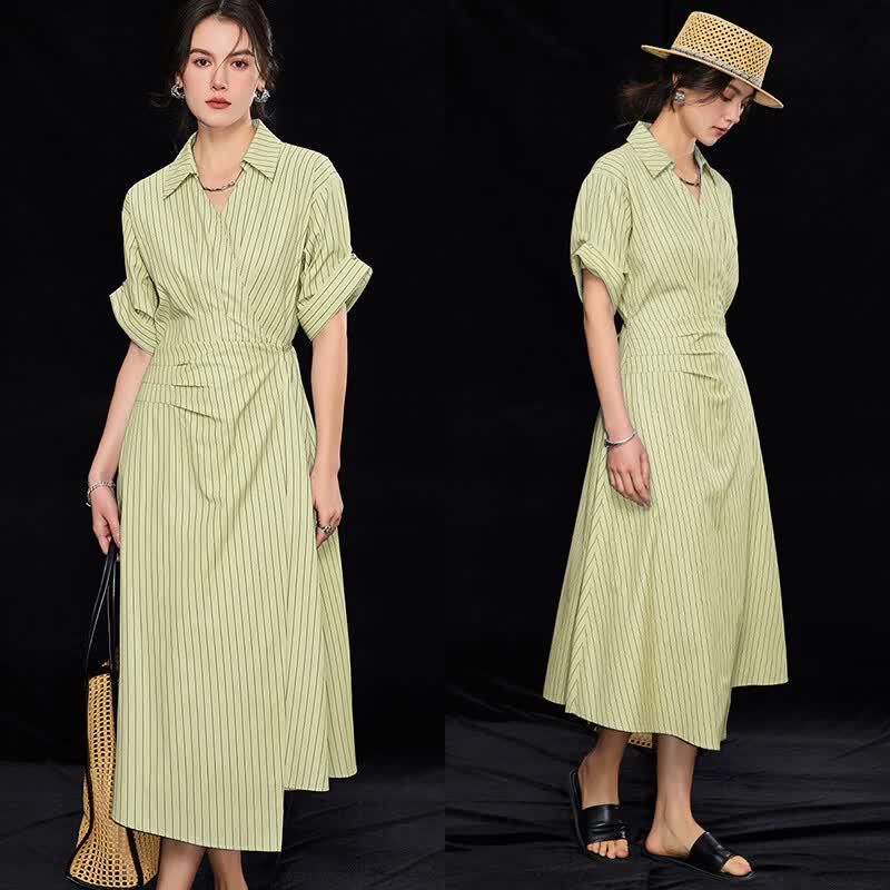 Wudao Women s Striped Lapel Shirtdress L