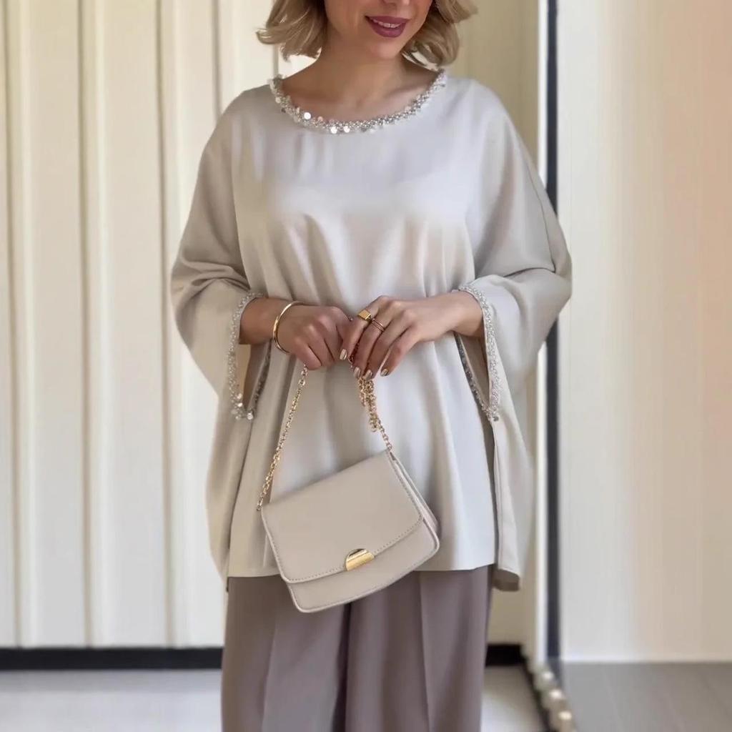 2025 European & American Acetate Casual Two-Piece Suit: Comfy Round Neck, Hot Drill, Long Sleeve for Versatile Commuting