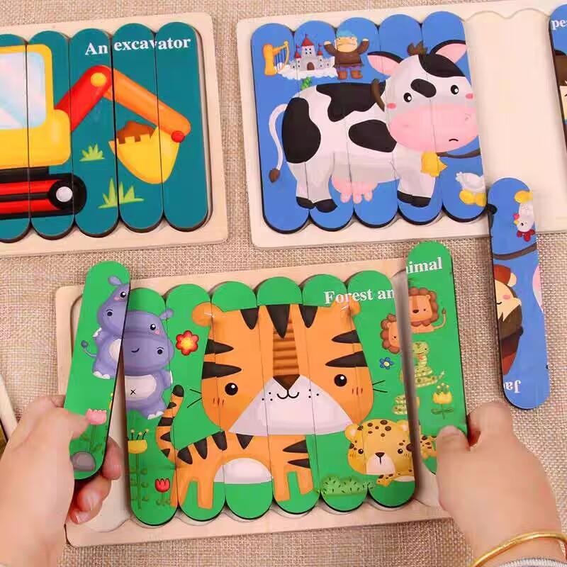 Tier Holzpuzzle 3D Doppelseitige Puzzles Für Kinder Geschichte Puzzle Montessori Lernspielzeug Für Kinder 2 3 4 5 Jahre